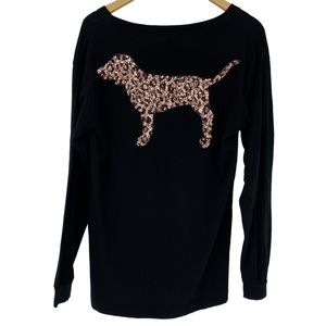 VS PINK black LS tee with rose gold glitter dog logo on back, M
